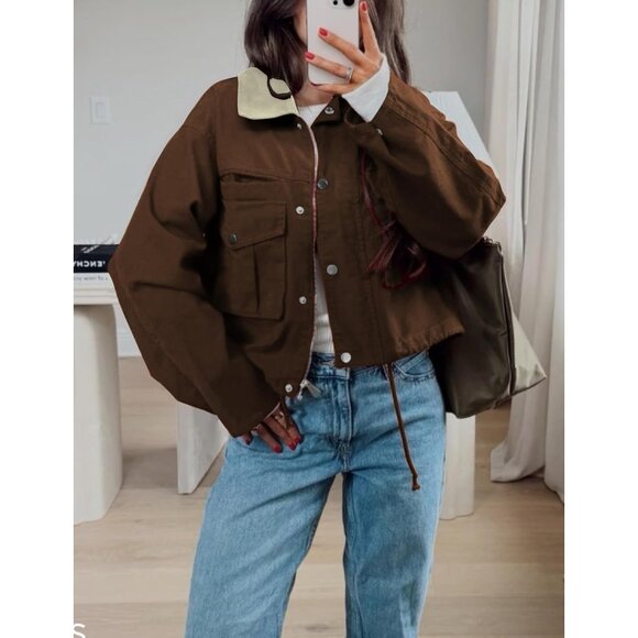 Women Coffee Cropped Utility Cargo Coat Contrast Collar Barn Outwear - Picture 5 of 6